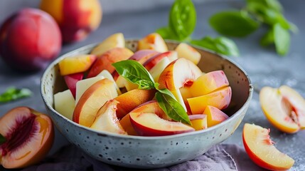 Wall Mural - Sliced Peaches in a Bowl with Basil Leaves.