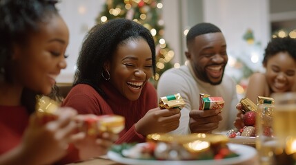 Wall Mural - Friends celebrating Christmas together while unwrapping gifts around a festive table with decorations