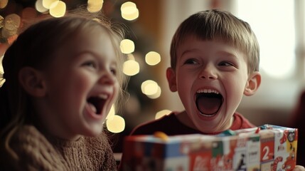 Wall Mural - Children celebrating joyfully with gifts during a festive holiday gathering in a cozy indoor setting
