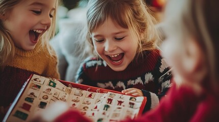 three children joyfully exploring an advent calendar filled with festive decorations indoors during 