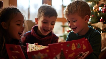 Wall Mural - Children joyfully opening Christmas presents by a decorated tree in a cozy living room during the holiday season