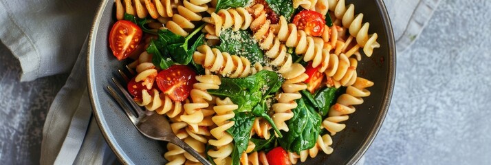 Wall Mural - Vegan spinach pasta bowl with plant-based cheese and whole grain spirals