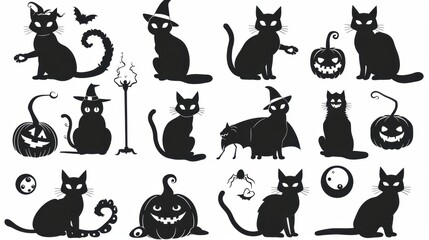 Design black silhouette illustrations of spooky Halloween Cute Cat in various activities ,with bold lines and simple design, placed on a white background 