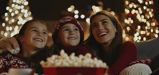 Wall Mural - Family enjoying popcorn and laughter by the Christmas tree during the holiday season