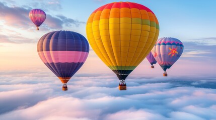 Wall Mural - Hot Air Balloons Flying Above The Clouds At Sunrise.