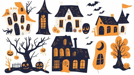 Design Pop Color illustrations of spooky Halloween House in various activities ,with bold lines and simple design, placed on a white background 