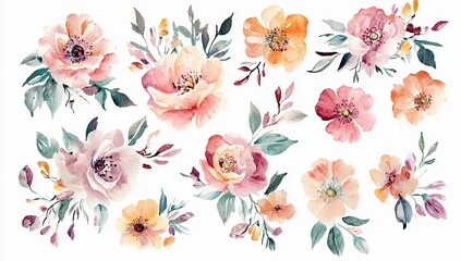 Wall Mural - The watercolor arrangements are composed of pink yellow wildflowers leaves branches botanic illustration isolated on a white background.