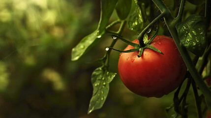 Large red tomatoes still on the vine, beefsteak tomatoes, a type of vegetable.