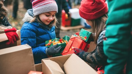 Wall Mural - Children joyfully exchange gifts during a festive outdoor holiday event on a winter afternoon