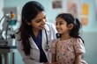 © Elmira - A young girl beams with joy as a compassionate doctor checks her health in a cheerful clinic setting, fostering trust and care during the examination