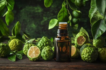 Dark amber bottle of bergamot essential oil is set on a rustic wooden table with bergamot fruits and lush green leaves creating a natural ambiance