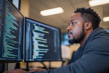 an african american software engineer intently engages with several computer screens showcasing intr
