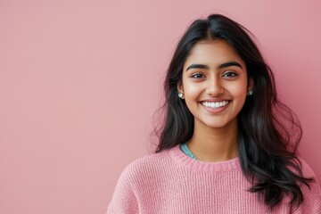 Wall Mural - A South Asian student smiles brightly, showcasing confidence, while standing against a soft pastel backdrop in a professional studio