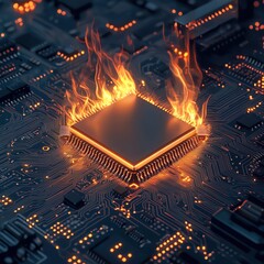 Wall Mural - A glowing microchip surrounded by flames on a dark circuit board, symbolizing technology and innovation in electronics.