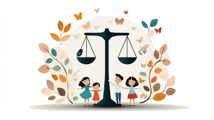 Wall Mural - A whimsical illustration of children around a balance scale, symbolizing fairness, harmony, and nature with butterflies and leaves.