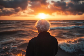 The silhouette of an elderly woman gazes into the horizon as the sun sets over the ocean, casting warm hues across the waves and sky