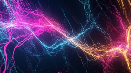 Wall Mural - Vibrant electric currents in shades of pink, blue, and yellow against a dark background