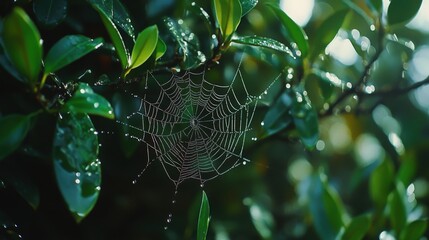 Glistening Dew-Covered Spider Web: A Microcosm of Nature's Beauty