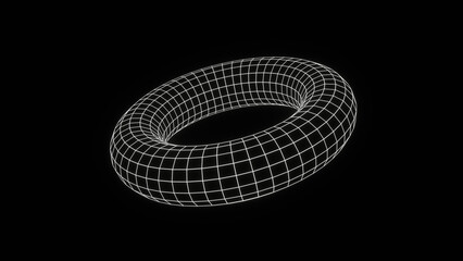 3d render of a futuristic wireframe grid cyber y2k torus shape glowing neon white on black background isolated illustration. Outline element abstract retro poster.