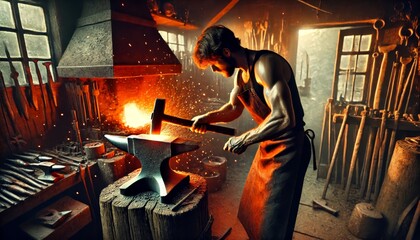 blacksmith forging metal on an anvil in a traditional workshop with glowing fire and sparks flying