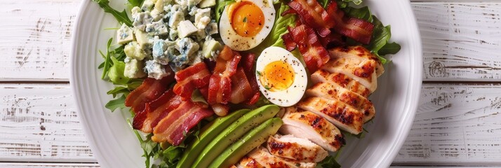 Poster - Close-up of a garden salad featuring romaine lettuce, bacon, chicken breast, eggs, avocado, blue cheese, and red wine vinaigrette on a white wooden table.