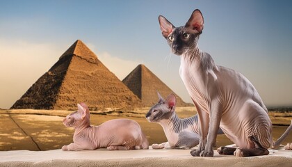 Sphynx cats with Egyptian pyramids in the background.