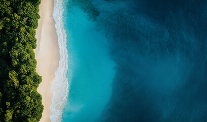 aerial view of a tropical beach with blue ocean, white sandy beach and trees