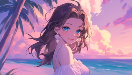 Sticker - A beautiful anime girl with brown hair stands on the beach at sunset, illustration