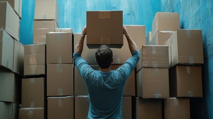 A man is holding a stack of boxes and wearing a yellow hat