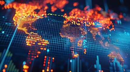a detailed digital map of the world illuminated with glowing patterns, showcasing global connectivit
