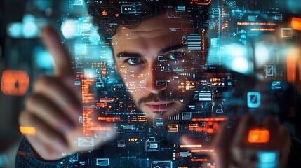 Wall Mural - businessman engaging with virtual social network screen for business and marketing concepts: a busin