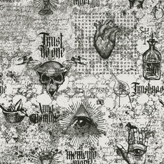 Sticker - Vintage hand-drawn seamless pattern on occultism, satanism and witchcraft. Abstract background with handwritten text lorem ipsum. Latin phrases translated Think about death, From Nativity of Christ