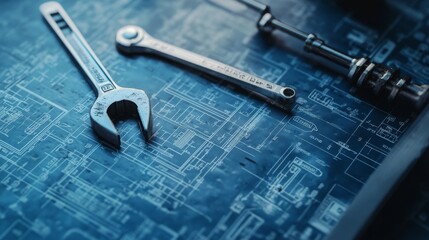 Blueprints and calipers on metal surface for maintenance.