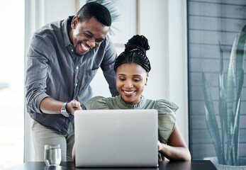 Canvas Print - Laptop, meeting and business man and woman in office for website review, internet research and online project. Corporate, company and people on computer for teamwork, collaboration and planning