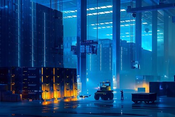 Canvas Print - A Futuristic Warehouse with a Forklift and Workers.