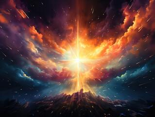 Wall Mural - fantastic painting of a cross on a hill with a cloudy sky