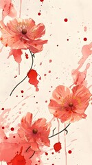 Sticker - Watercolor Floral Art with Red Splashes.