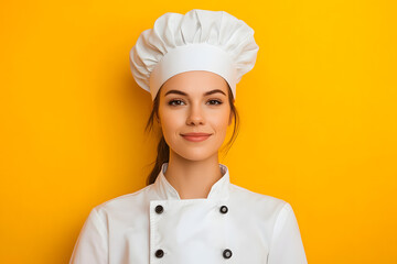 Wall Mural - Portrait of woman chef in white outfit with crossed arms looking at camera on yellow background
