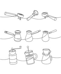 Wall Mural - Coffee shop one line continuous drawing. Portafilters, Turkish coffee pots, grinders, French press, coffee maker continuous one line illustration.