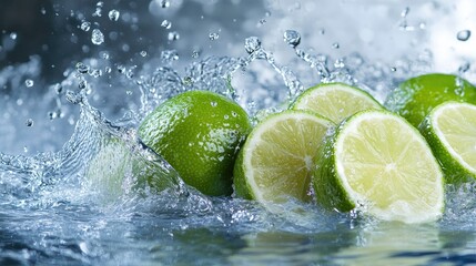 Freshly cut limes splashing in water, with copy space on the top for branding