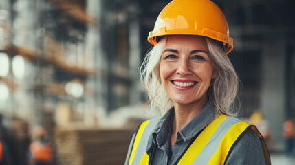 Smiling blond European female construction worker on the construction site, wearing a safety helmet and work vest.