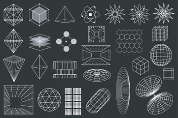 Aufkleber - 3D cyberpunk grid y2k wireframe icon mega set elements in flat graphic design. Bundle objects of futuristic geometric shape with cubes, perspective grids, tunnels, atoms, other. Vector illustration.