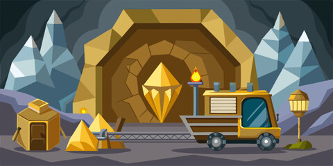 Gold mine cart set, vector old diamond wagon kit, full coil trolley, nugget truck, diamond crystal stone. Cave entrance, gray rock, iron rail, game mountain minerals collection. Gold mine treasure