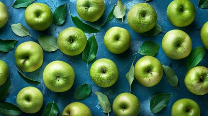 Wall Mural - Background of many fresh organic green apples, apples background, top view. Vegetarian food concept