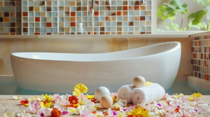 Small bathtub with bath bombs towel and flower petals on table beside tiled wall