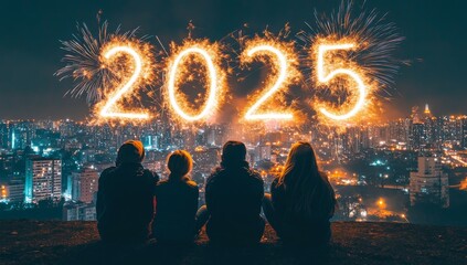 Celebratory New Year 2025 Fireworks Over Cityscape with Silhouetted Friends at Night