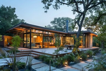 Sticker - Modern house with a large deck and garden.