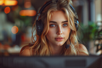 Wall Mural - Beautiful girl works in a call center, sits at a table in front of a work computer, wears headphones and talks to a client