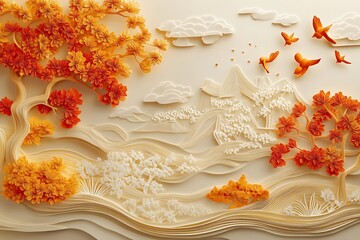 Serene Autumn Glow: Intricate Kirigami Paper Art in Chinese Illustration Style on Gray Background with 3D Relief - Artstation Trend