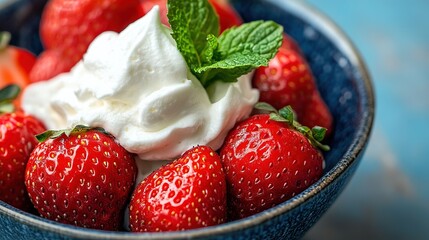 a bowl of fresh strawberries with whipped cream, vibrant red tones,